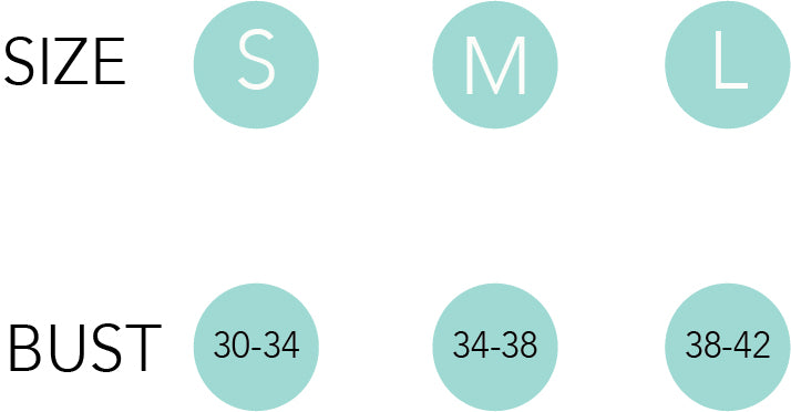 A sizing chart: small (30-34 inches bust), medium (34-38 inch bust), large (38-42 inch bust)