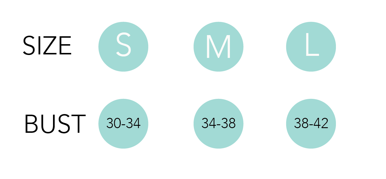 a size chart for sports bras and crop tops: small (30-34 inch bust), medium (34-38 inch bust), large (38-42 inch bust)