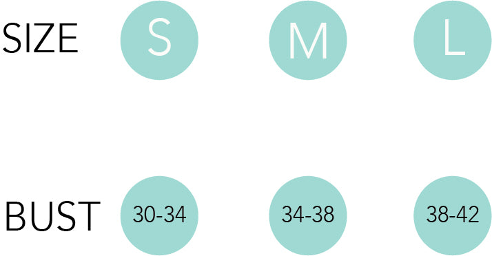 a size chart for sports bras and crop tops: small (30-34 inch bust), medium (34-38 inch bust), large (38-42 inch bust)